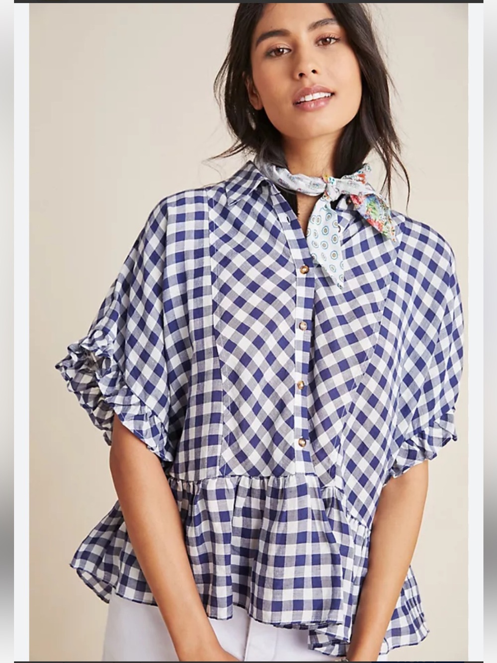 Maeve Flounced Gingham Ruffle-Sleeve Linen Blouse